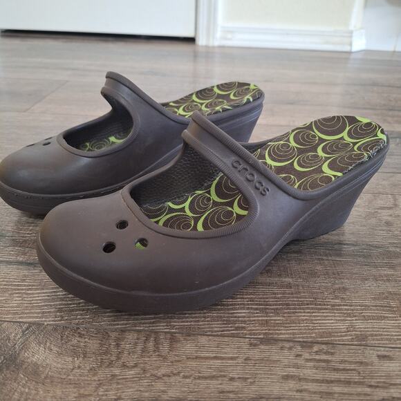 Crocs Frances mary jane brown wedge clog heels womens 11 - Picture 2 of 7